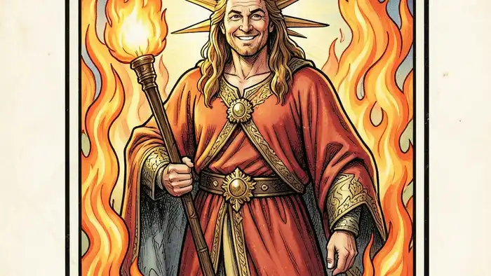 Король Жезлов — карта Таро с огненным жезлом