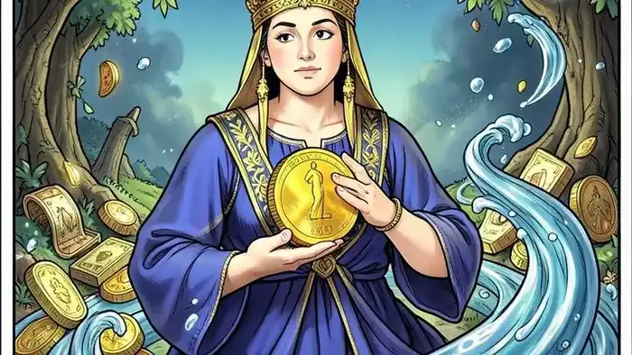 Королева Кубков на деньги таро – изображение карты с монетой