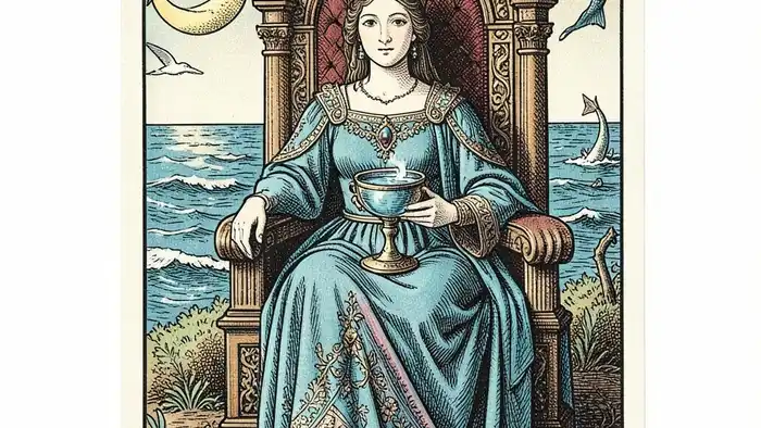 Королева Кубков таро — изображение карты с символикой воды и эмоциональной мудрости