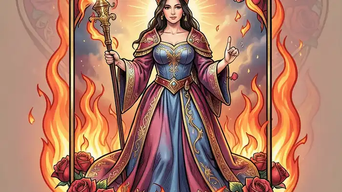 Королева Жезлов на любовь таро — изображение карты с огненной энергетикой и символикой сердца