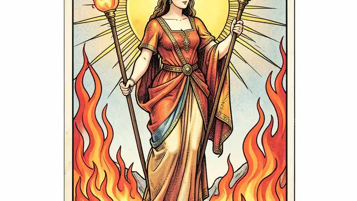 Королева Жезлов таро — изображение уверенной женщины с огненным жезлом