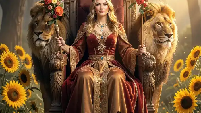 Королева Жезлов Таро — уверенная женщина с цветущим жезлом на троне, символ творческой силы и харизмы