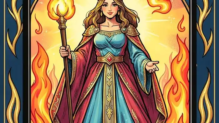 Королева Жезлов изображение карты Таро с огненной символикой