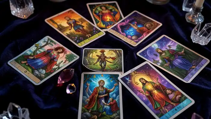 кристаллы для расклада Таро на бархате с колодой и картами