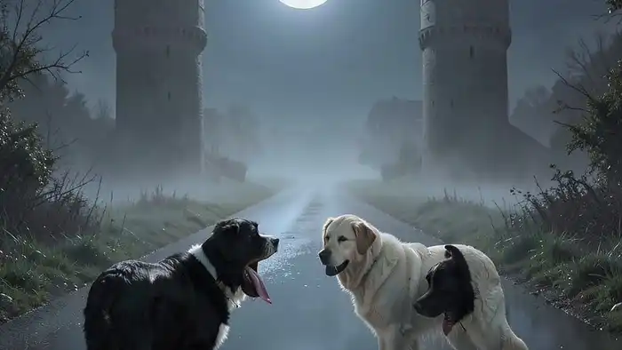 Луна таро: архетип иллюзии, тень, башни, краб и собаки в ночном ландшафте