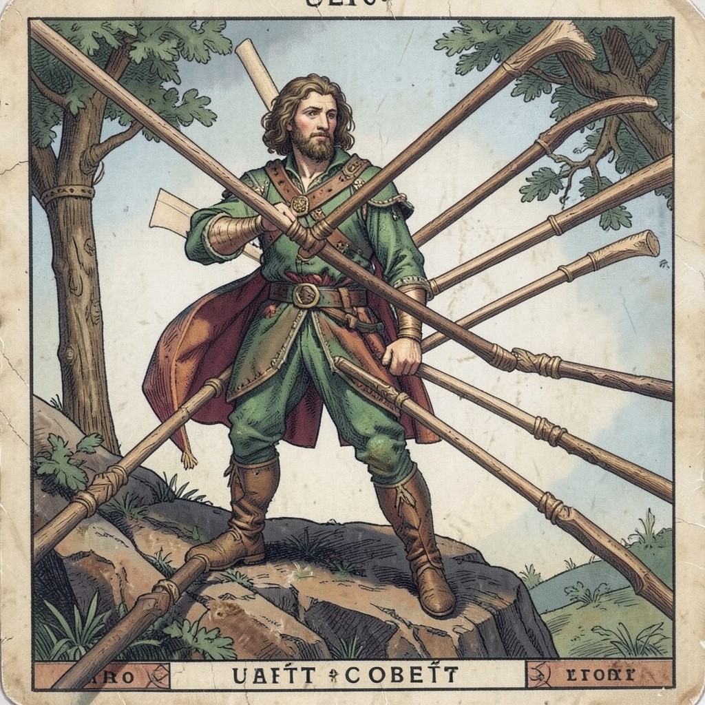 Семерка Жезлов Таро — человек защищает свою позицию, отстаивая достижения от внешнего давления