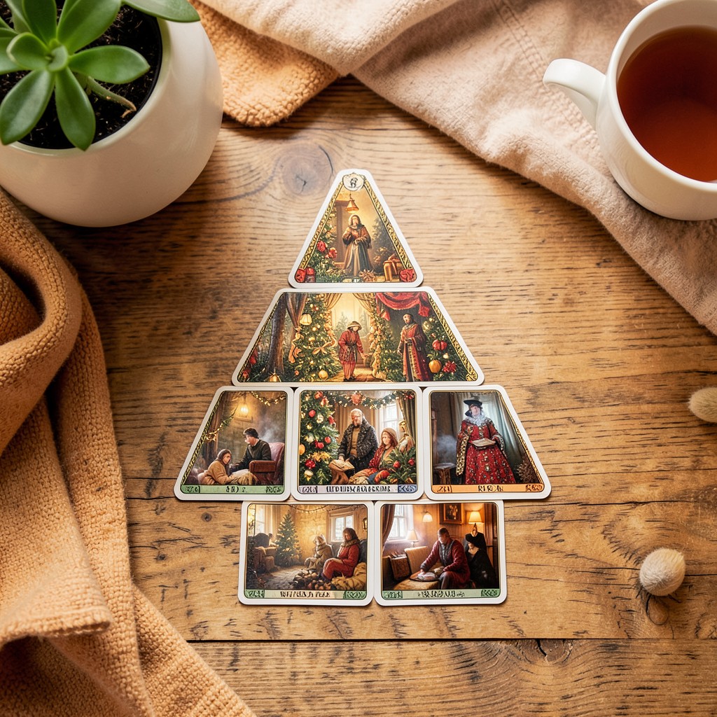 Расклад Таро Ёлочка на гармонию в доме — схема из семи карт на деревянном столе в уютном интерьере