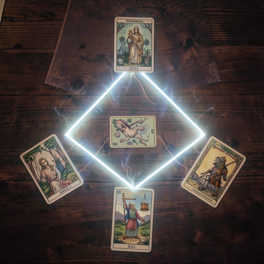 Расклад Таро Пентаграмма на прошлые жизни - схема расположения карт в виде пятиконечной звезды на темном фоне