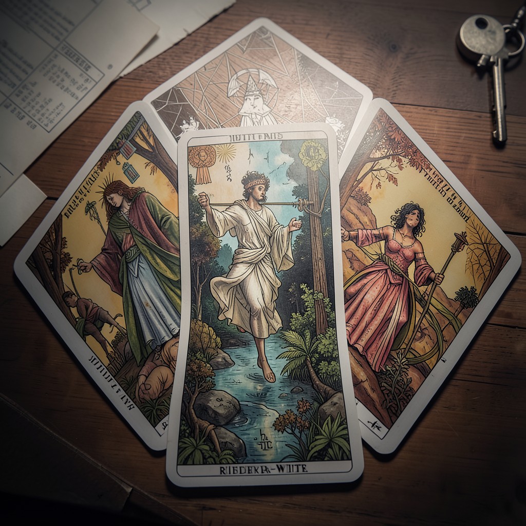 Расклад Таро Гексаграмма на раздел имущества: шесть карт в форме шестиугольника на деревянном столе