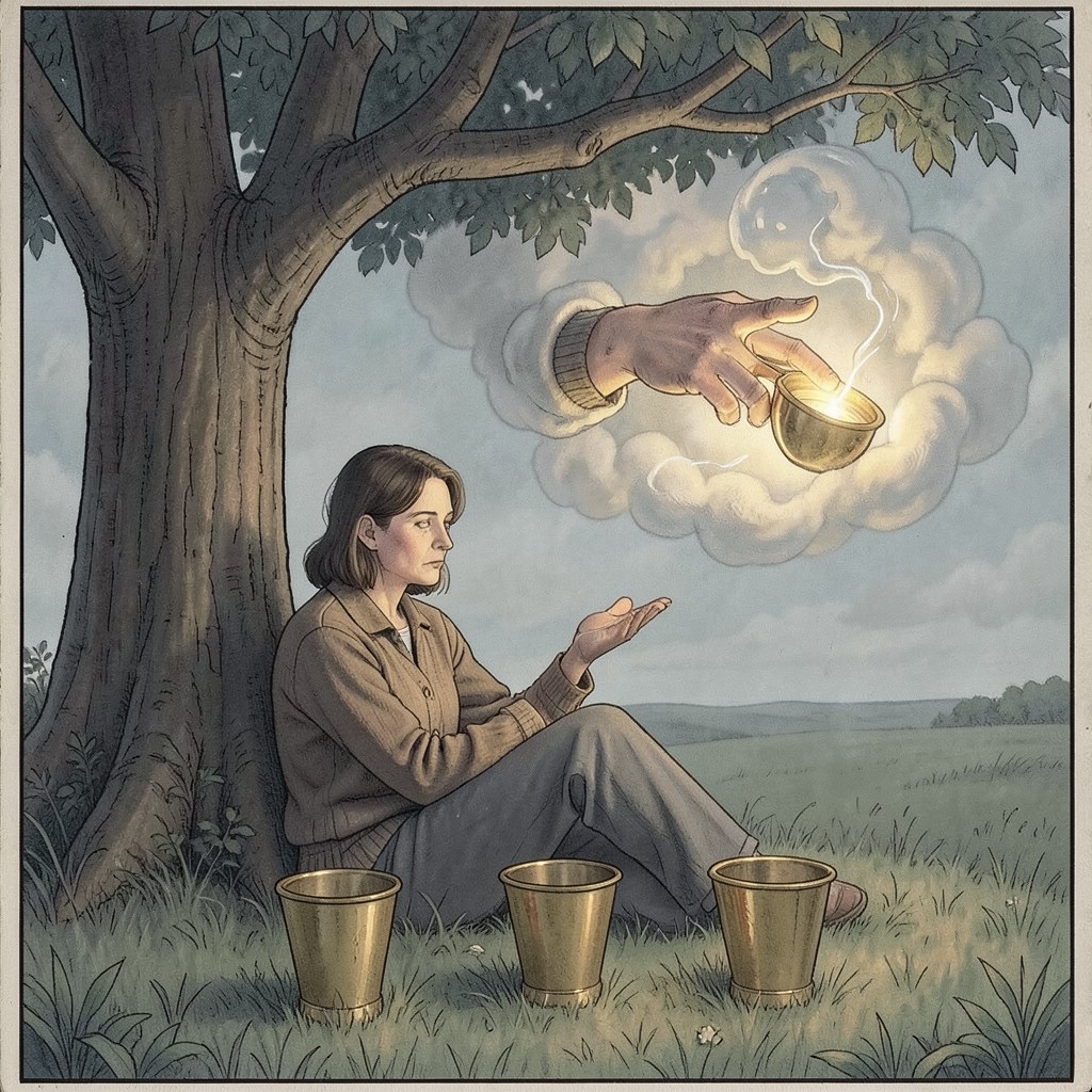 Четверка Кубков Таро: человек в раздумьях отвергает кубок, предложенный рукой из облака