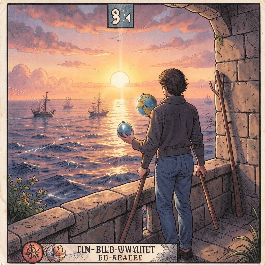 Двойка Жезлов Таро: человек с глобусом и жезлом смотрит на море с кораблями, символ выбора и планирования