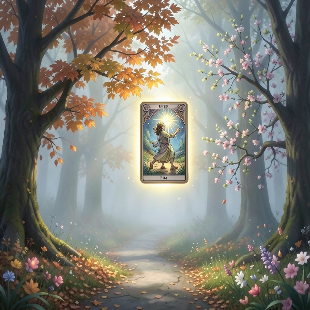 Расклад Таро на переходный период — символический путь через лес перемен с парящей картой Старших Арканов