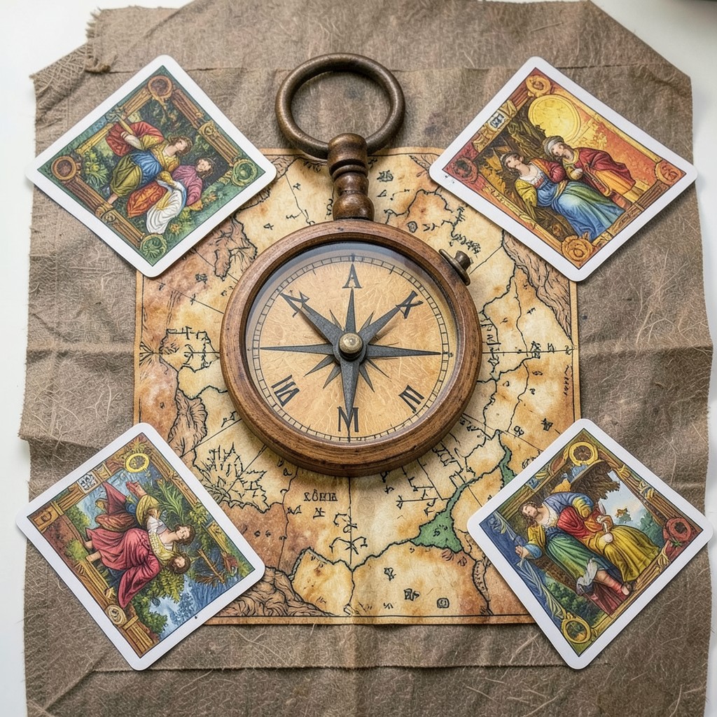 Расклад Таро Компас на платоническую любовь: схематичное изображение расклада из пяти карт в форме компаса на деревянном столе.