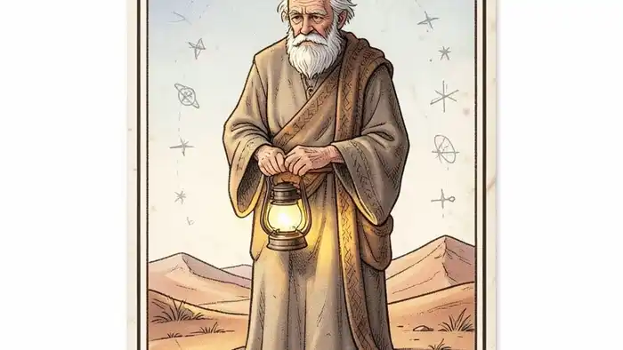 Отшельник архетип таро иллюстрация, показывающая отшельника с лампой в пустыне
