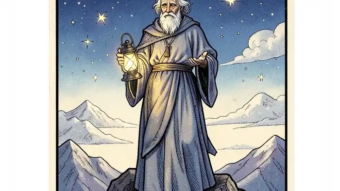 Отшельник личность таро — изображение карты Таро с отшельником на вершине горы