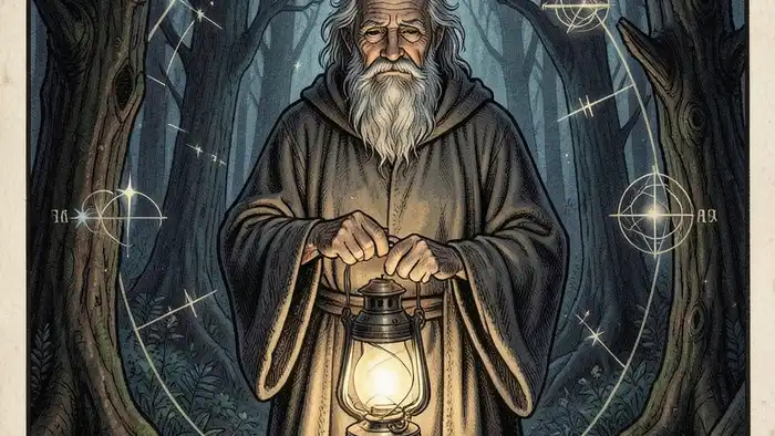 Отшельник мысли таро — изображение отшельника с лампой в темном лесу