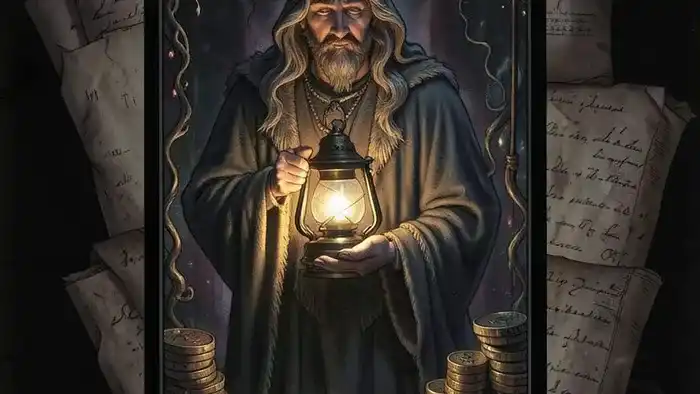 Отшельник на деньги таро — иллюстрация карты с лампой и символами богатства