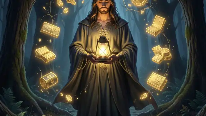 Отшельник на деньги таро — изображение карты с фонарём и символами изобилия