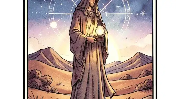 Отшельник предостережение таро — иллюстрация карты с фонарём и пустыней