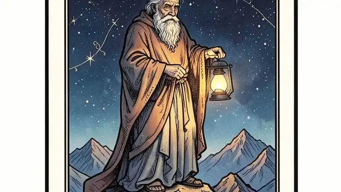 Отшельник таро — изображение старца с фонарём на вершине горы