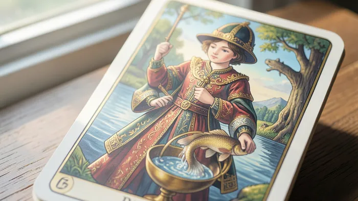 Паж Кубков Таро — детальное изображение карты с юношей и кубком с рыбой, символ новых чувств и интуитивных посланий.