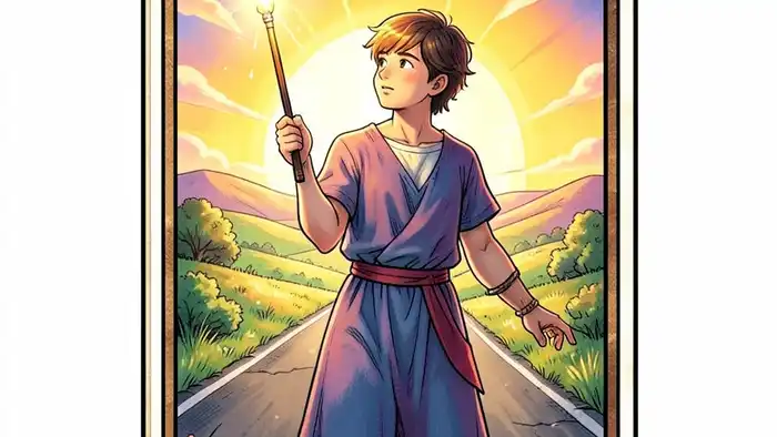 Паж Жезлов мысли таро — изображение карты с ярким жезлом и рассветом