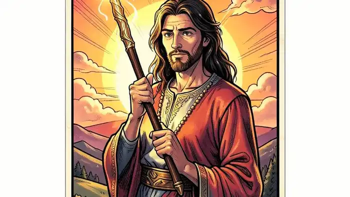 Паж Жезлов мысли таро – карта с ярким жезлом на фоне рассвета