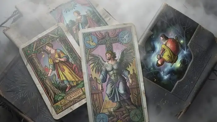 перевернутые карты в раскладе Таро — Кельтский крест с выделенными перевернутыми картами Сила, Луна и Суд