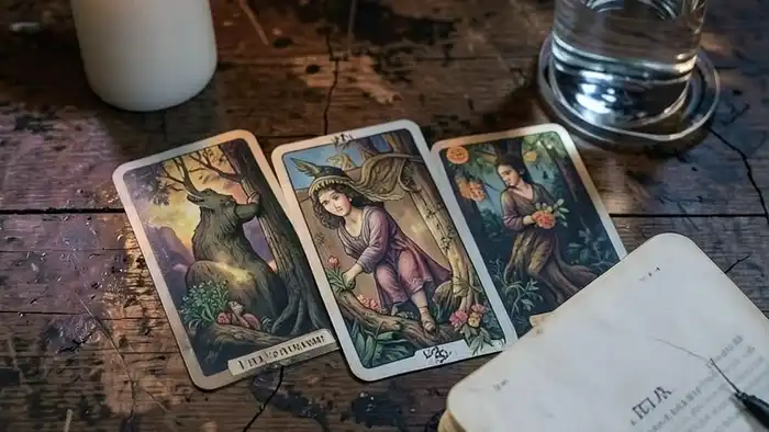 Простые расклады таро — три карты, выложенные в треугольник, на фоне свечи и дневника