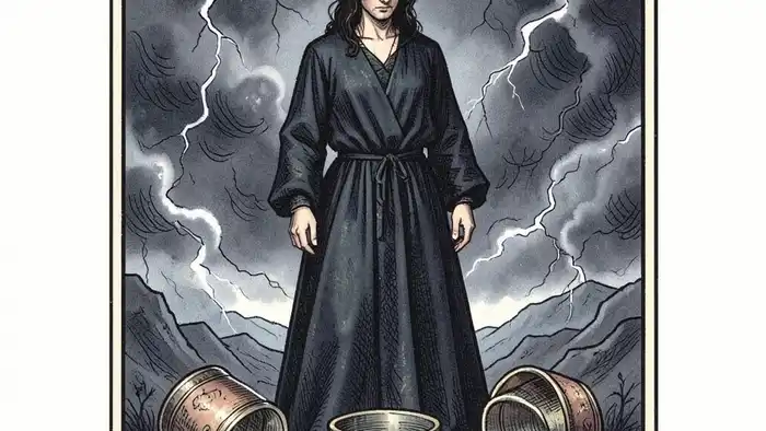 Пятерка Кубков изображение карты Таро с падающими и стоящими чашами