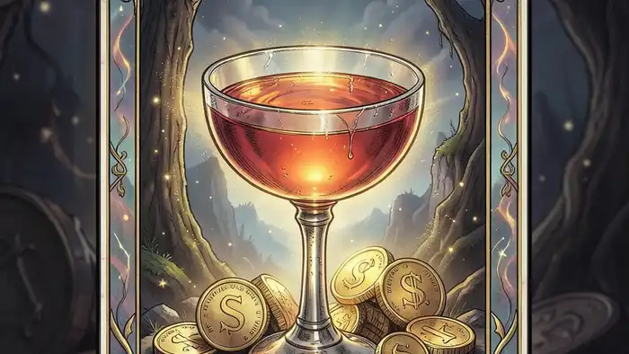 Пятерка Кубков на деньги таро — иллюстрация карты с финансовыми символами