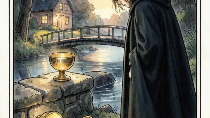 Пятерка Кубков Таро — фигура в черном плаще скорбит над тремя опрокинутыми чашами, две полные чаши стоят позади.