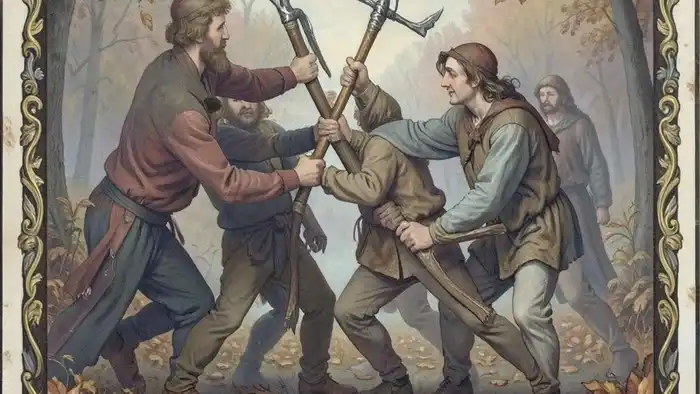 Пятерка Жезлов таро — карта устойчивости в истощении, наблюдатель удерживает два жезла, остальные отняты