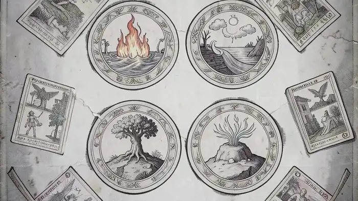 Расклад четыре стихии — карты Таро, соответствующие огню, воде, воздуху и земле, архетипическая иллюстрация
