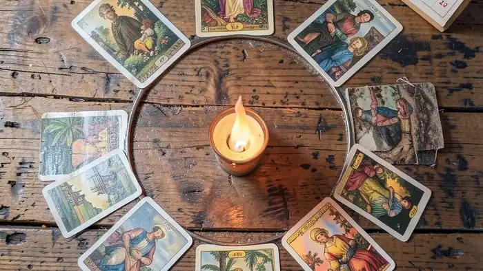 расклад для планирования Таро: схема из семи позиций с картами и символами времени