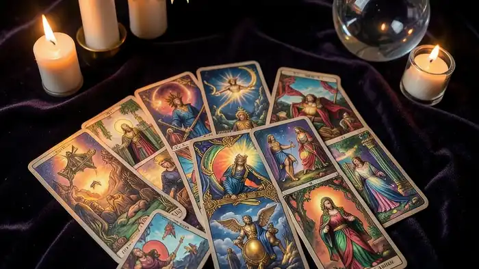 расклад для подведения итогов – изображение расклада Таро на бархатном покрывале