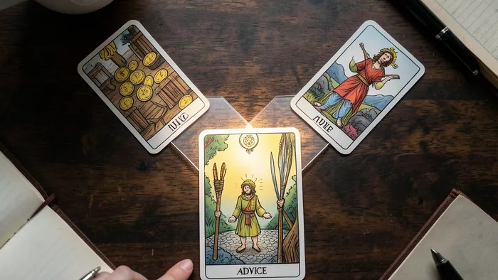 Расклад для принятия решения Таро - схема 'Две дороги' на деревянном столе, демонстрирующая анализ выбора между двумя жизненными путями.