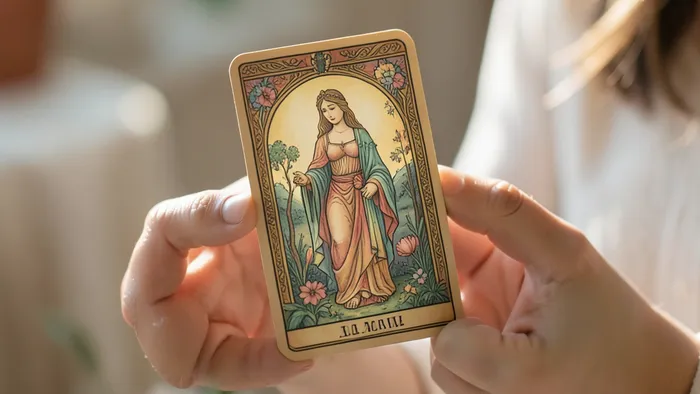 Расклад Таро Карта дня на приворот — женские руки держат карту Таро в утреннем свете