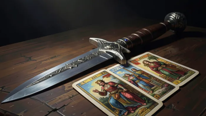 Расклад Меч Таро — схема из семи карт в форме клинка на тёмном столе для анализа конфликтов и решений