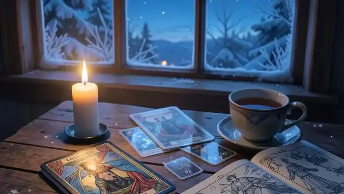 Расклад на Новый Год Таро: стол с картами, свечой и дневником на фоне зимнего вечернего окна