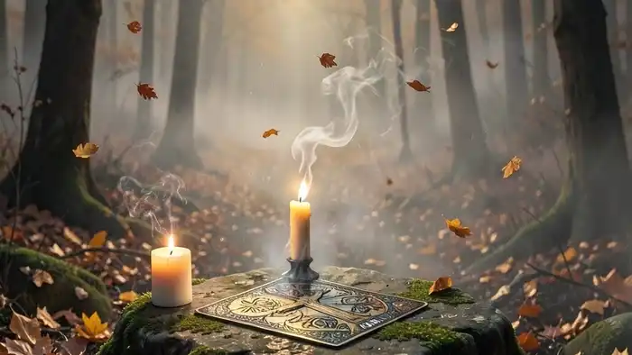расклад на осень Кельтский крест в осеннем лесу с падающими листьями и свечой