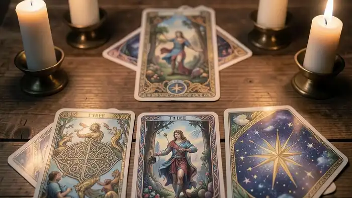 расклад на переходный период — мистический набор карт Таро на деревянном столе