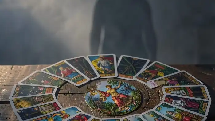 расклад на предназначение таро — 9 позиций с картами, в центре Маг, символ смысла жизни