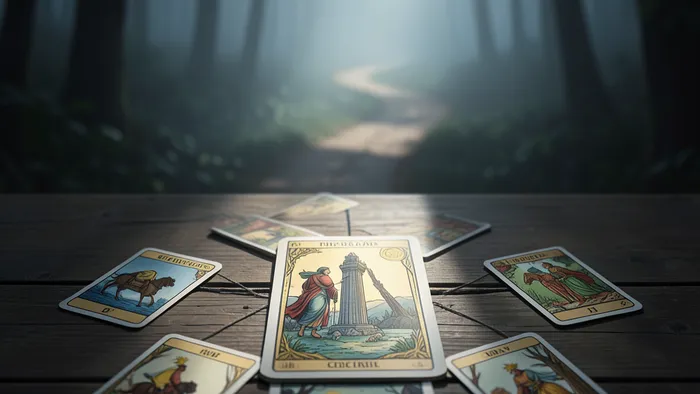 Расклад на препятствия Таро: карты, выложенные по схеме на деревянном столе, символизирующие анализ жизненных барьеров