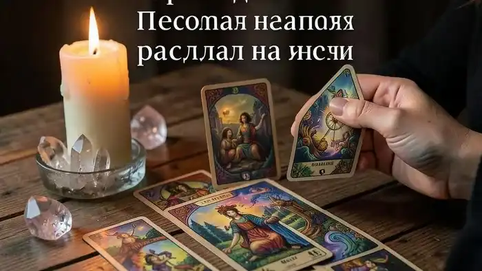 расклад на себя – визуальная карта Таро на столе с свечой и кристаллами