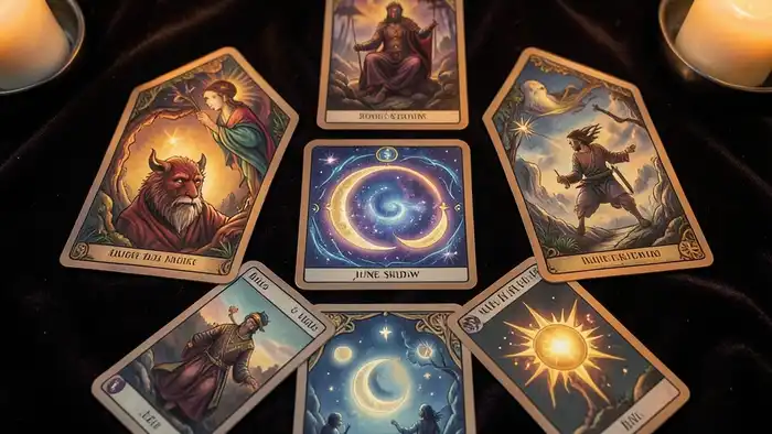 расклад на тень Юнга — мистический набор карт Таро на темном бархатном покрытии