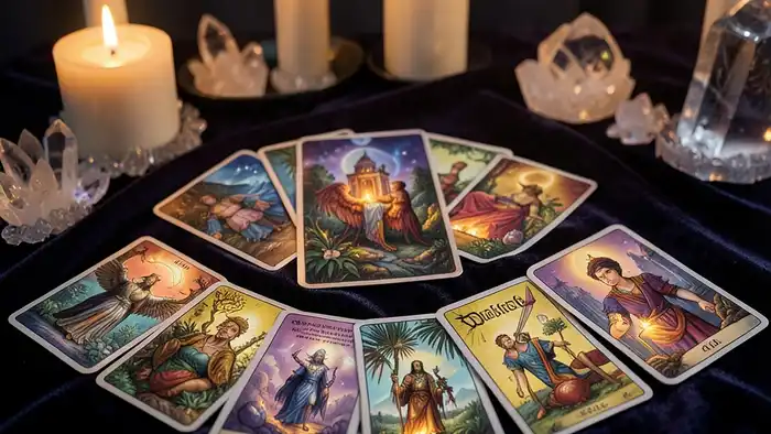 Расклад на творческий потенциал с картами Таро Райдера-Уэйта: семь позиций, свеча и перо в тишине
