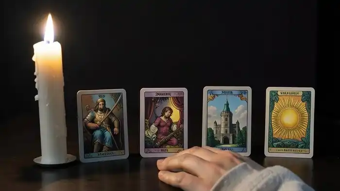 Расклад на урок жизни: пять карт Таро, выложенные в линию, символизирующие источник боли, урок, сопротивление, проявление и финал трансформации