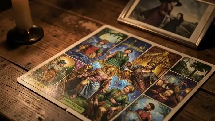 расклад по фотографии – визуальная сцена с картами Таро и старой фотографией