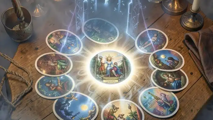 Расклад портал — схема из 8 карт Таро в виде круга с центральной светящейся картой и вратами в тумане